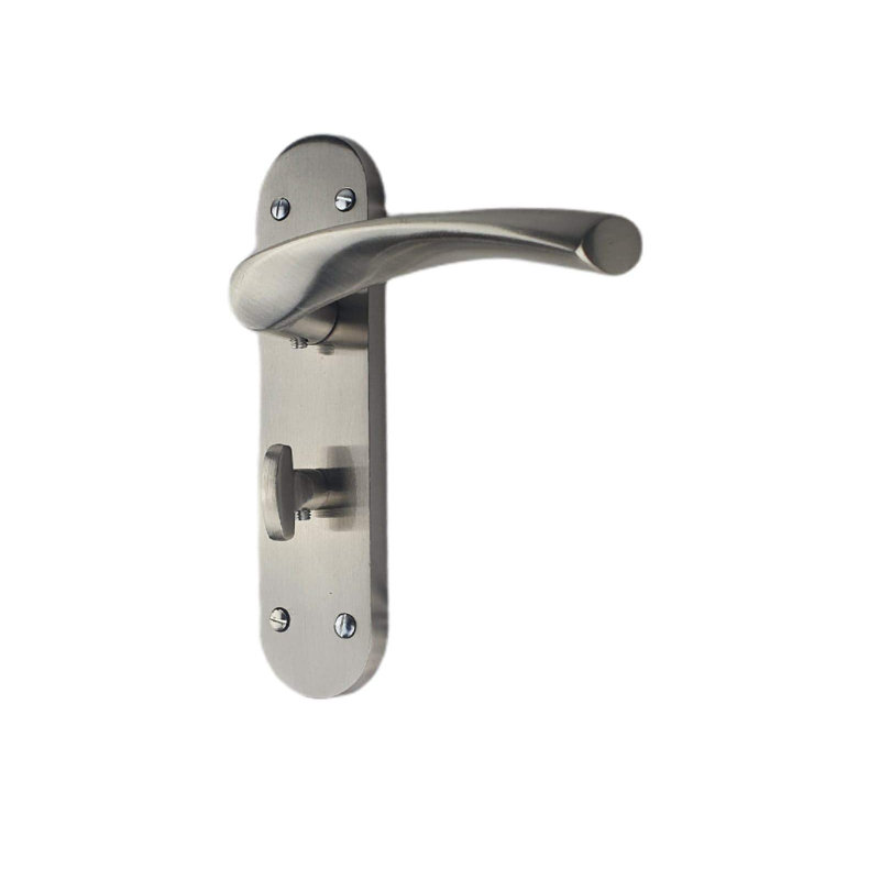 Astrid Bathroom Door Handles on Backplate in Satin Stainless Steel Finish with Bathroom Mortise Lock & 1 Pair of 3" Hinges - 182mm x 45mm