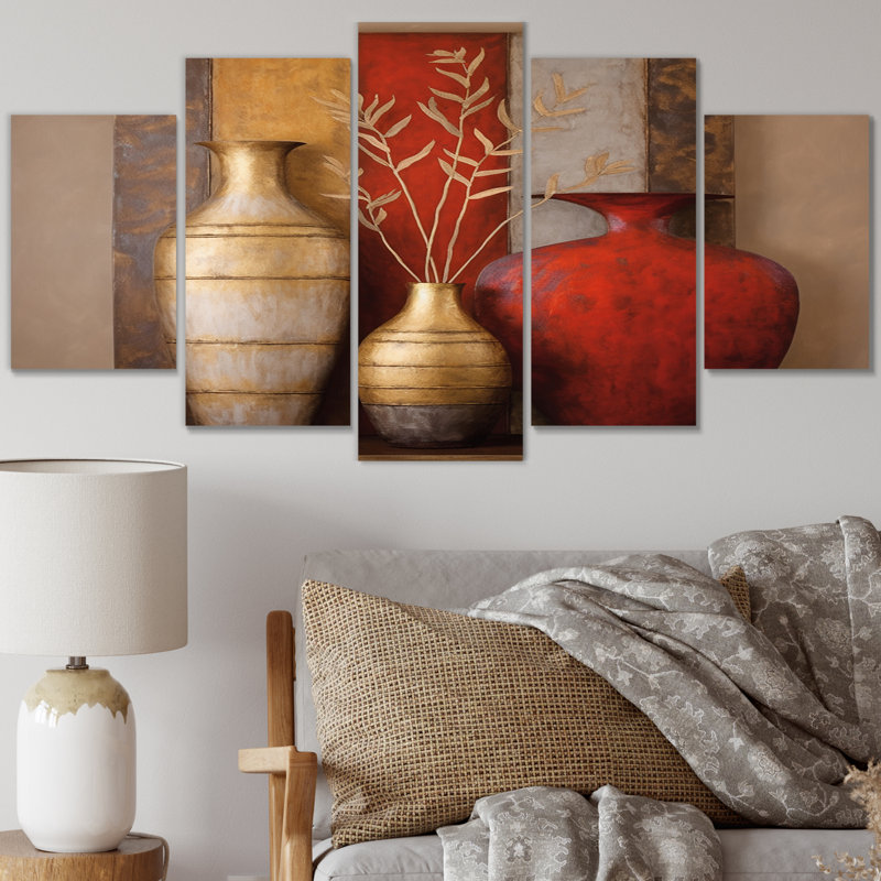 «Cottage Elegance Vase Dried Wildflowers II», impression sur toile Boho Pottery - 5 panneaux
