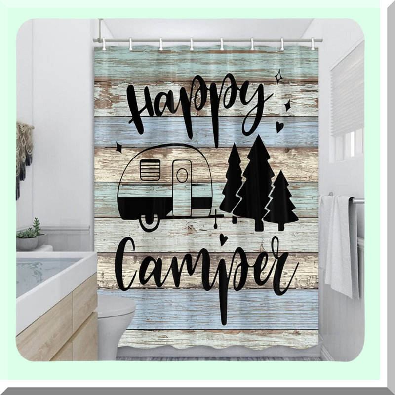 RusticCamp Shower Curtain - Farmhouse Camping Fabric, Short & Narrow, with Hooks for Camper RV Travel Trailers