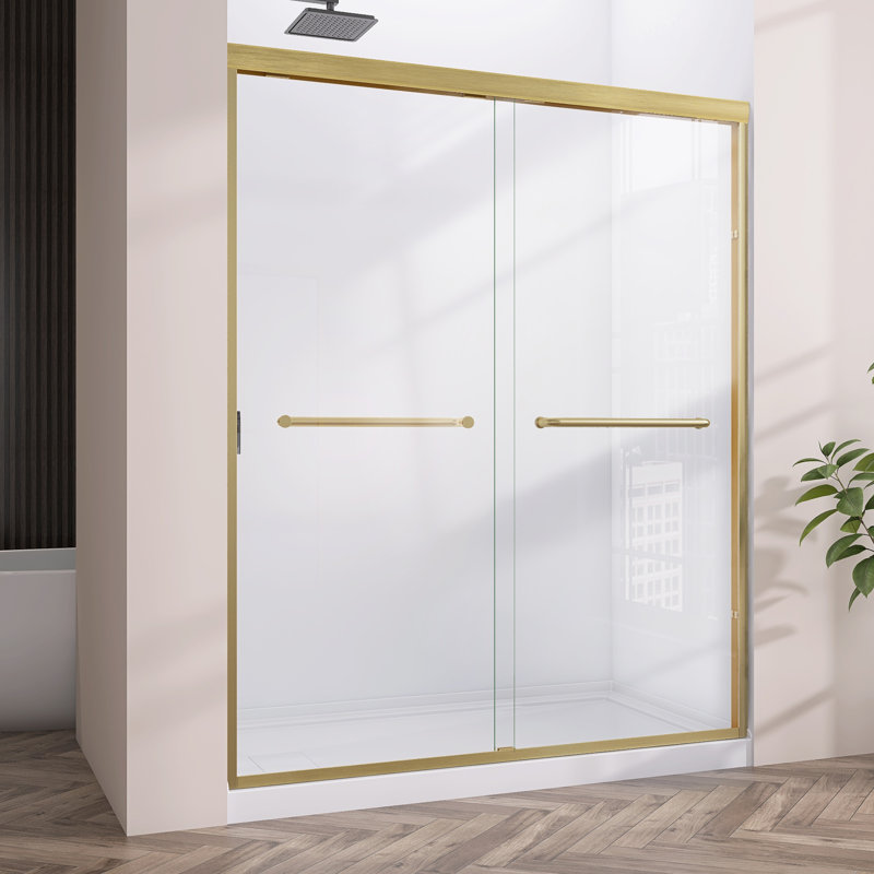 Amy 56" - 60" W X 72" H Semi-Frameless Double Sliding Bathroom Shower Door Bypass with Clear Tempered Glass in Brass Gold