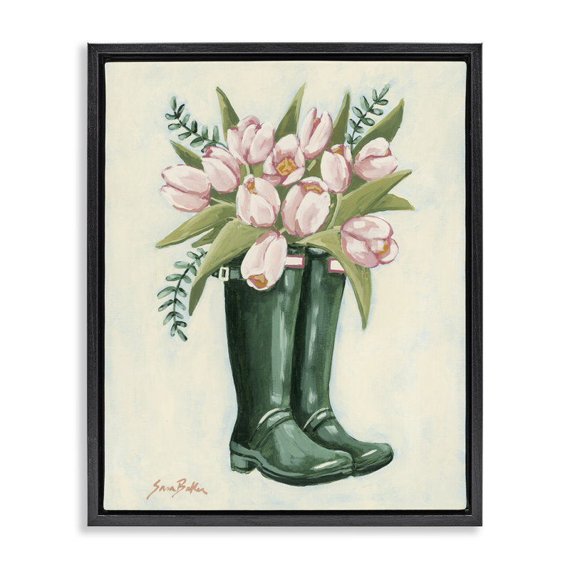 Cadre flottant tulipes dans des bottes de pluie, design par Sara Baker, Cadre flottant noir de jais, H 21 po x l 17 po