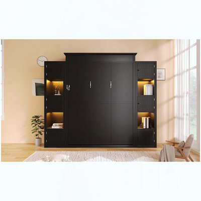 Queen-Size Murphy Bed with LED Lights and Storage Shelves