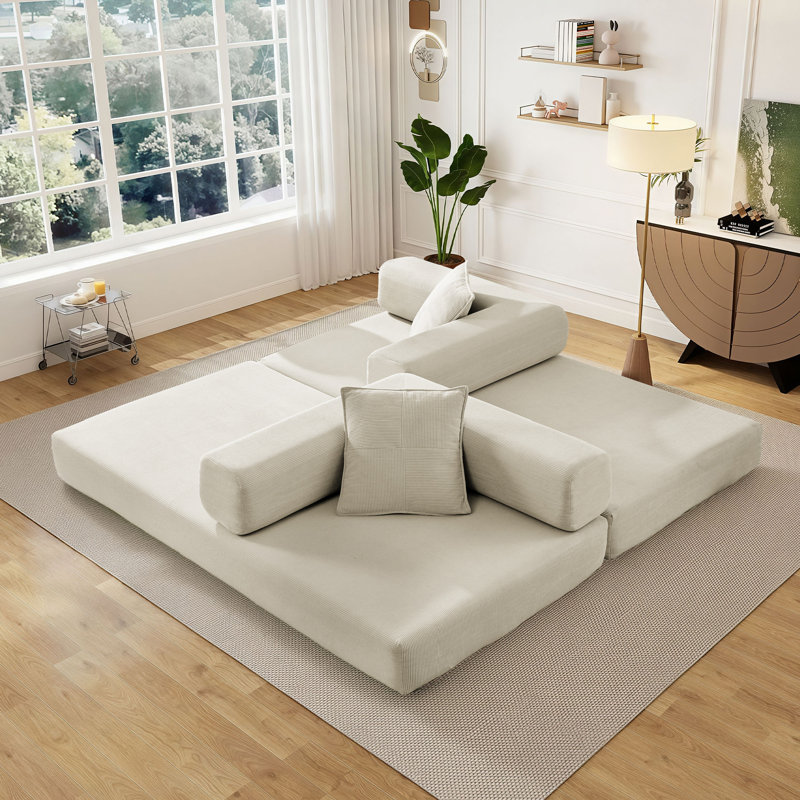 Addisin King-Size Foldable Sleeper Sofa Bed – Convertible Compression Mattress Couch with 2 Removable Bolster Armrests & 2 Pillows