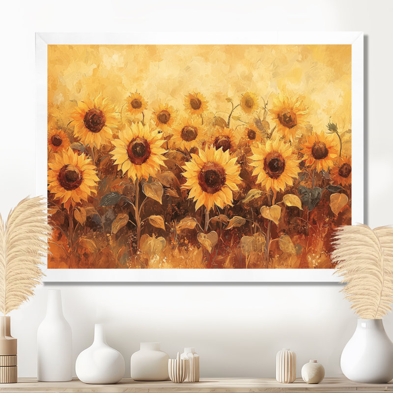 Tournesols brun récolte lueur II - tournesols, art mural, H 24 po x l 32 po, Blanc, Avec cadre