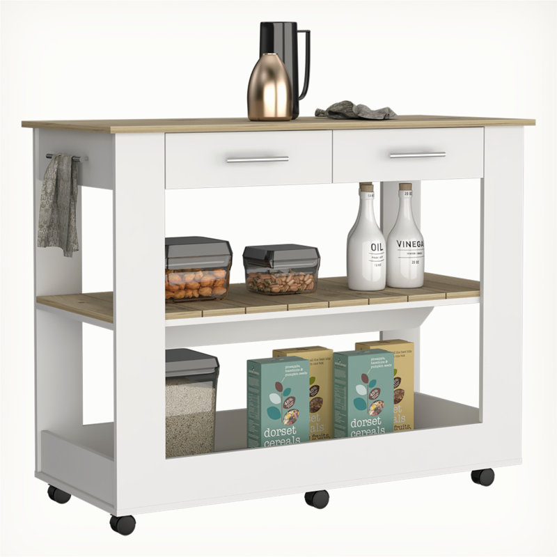Îlot de cuisine polyvalent avec de nombreuses options de rangement et de mobilité, Blanc / Chêne clair