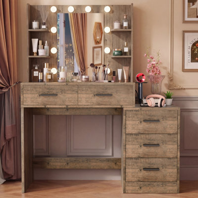 Bureau de coiffeuse avec table de chevet, miroir lumineux, station de charge et 5 tiroirs, coiffeuse à intensité variable