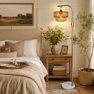 63" Boho Rattan Arched/Arc Floor Lamp With Dimmable LED Bulb,Modern Farmhouse Standing Light For Living Room,Bedroom(Bulb Included)