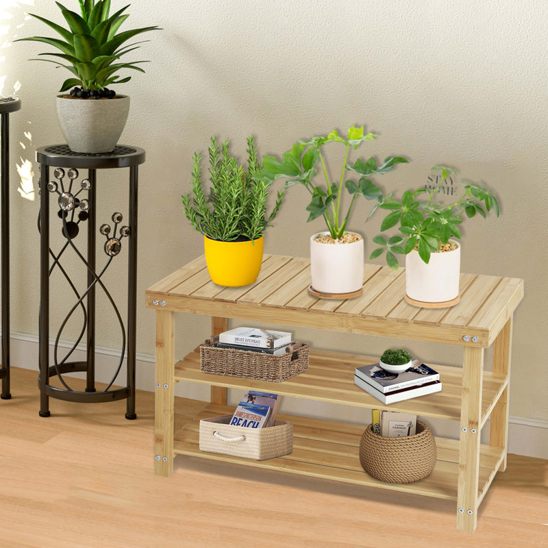 Hofitlead 27.5" Shoe Rack Solid Wood Shoe Bench, 3-Tier Shoe Organizer For Entryway Hallway(Light Brown)