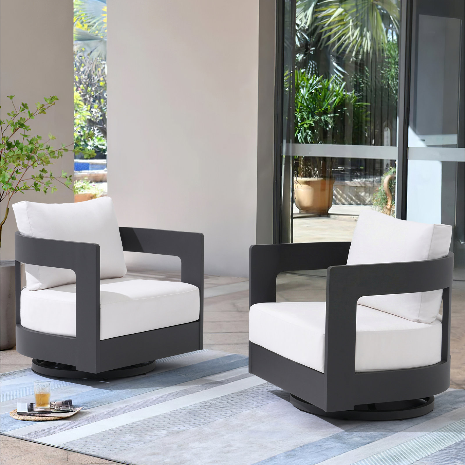 Frances Sunbrella® Swivel Patio Lounge Chair, White Cushion/Black Frame