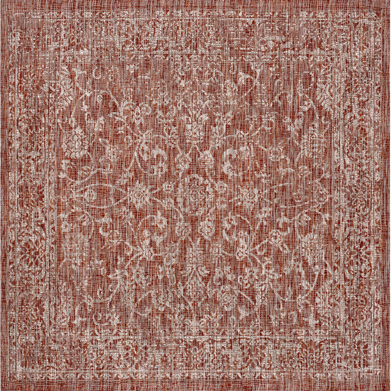 Leonora Bohemian Textured Weave Floral Red/Taupe Indoor/Outdoor Rug, Square 3'11"