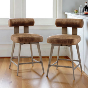 Swivel Bar Stools Set of 2, Mid Century Modern Counter Height Bar Chairs with Back, Upholstered Faux Leather Barstools with Wood Legs for Kitchen Island & Home Bar