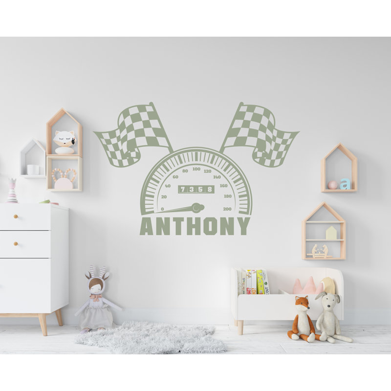 Drapeau de course indicateur de vitesse autocollant mural autocollant en vinyle sur mesure nom piste décor mural enfants salle de jeux chambre de garçons art mural autocollant de chambre 681RS