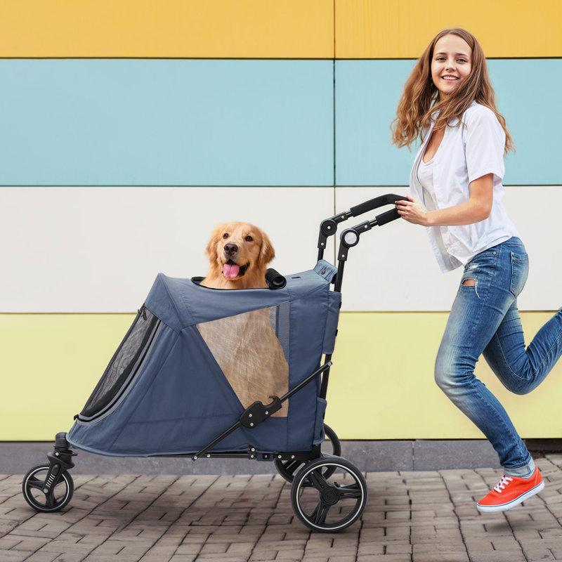 Folding 3 Wheel Pet Stroller, Foldable Dog Jogger Stroller with Adjustable Handlebar and Mesh Window, Blue