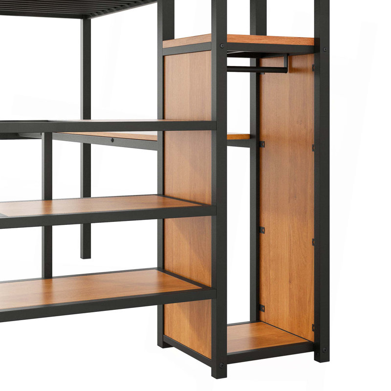 Lit mezzanine double en métal avec bureau, escalier de rangement, petite armoire et lumière DEL, Noir