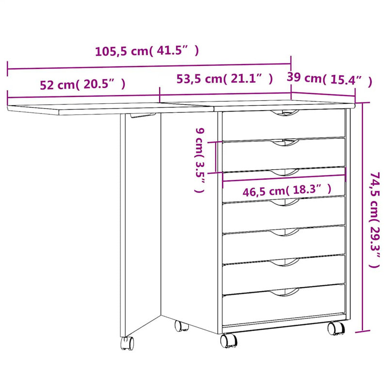Jennavecia vidaXL MOSS 7-Drawer Chest with Desk & Wheels, Solid Pinewood, 41.5"x15.4"x29.3", Gray