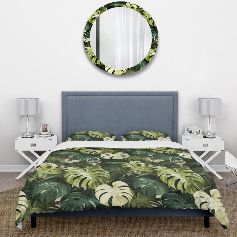 Monstera Elegance Tropical Pattern I Floral Duvet Cover, King Duvet Cover + 2 King Shams
