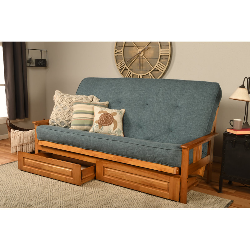 Stratford 86" Queen Futon and Mattress with Drawer set, Butternut, Linen Aqua, Premium Pocket Coil