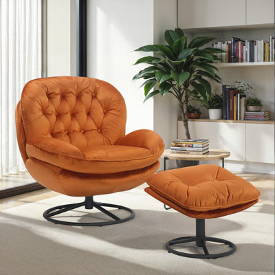 Velvet Swivel With Footstool Accent Chair