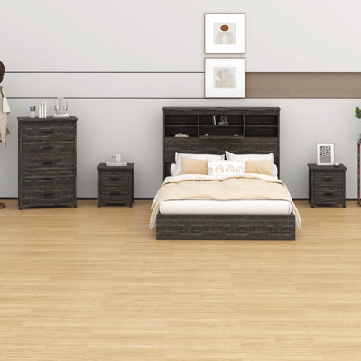 Queen Size Wooden 4PCS Bedroom Set – Bed Frame (Storage Headboard & Charging Station), 2 2-Drawer Nightstands & 1 5-Drawer Dresser by Latitude Run
