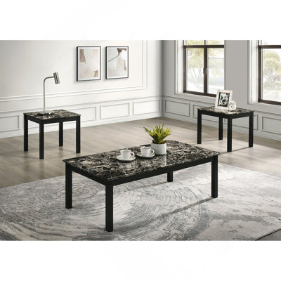 Ensemble de table 3 pièces de style contemporain 1 table basse 2 tables de bout avec plateau en faux marbre et pieds en bois avec finition noire et blanche