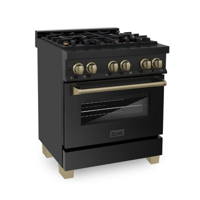 ZLINE Autograph Edition 30 po. 4.0 cu. Plaque de cuisson à gaz à 4 brûleurs et four électrique à convection en acier inoxydable noir et accents bronze champagne Legacy Dual Legacy (RABZ-30-CB)
