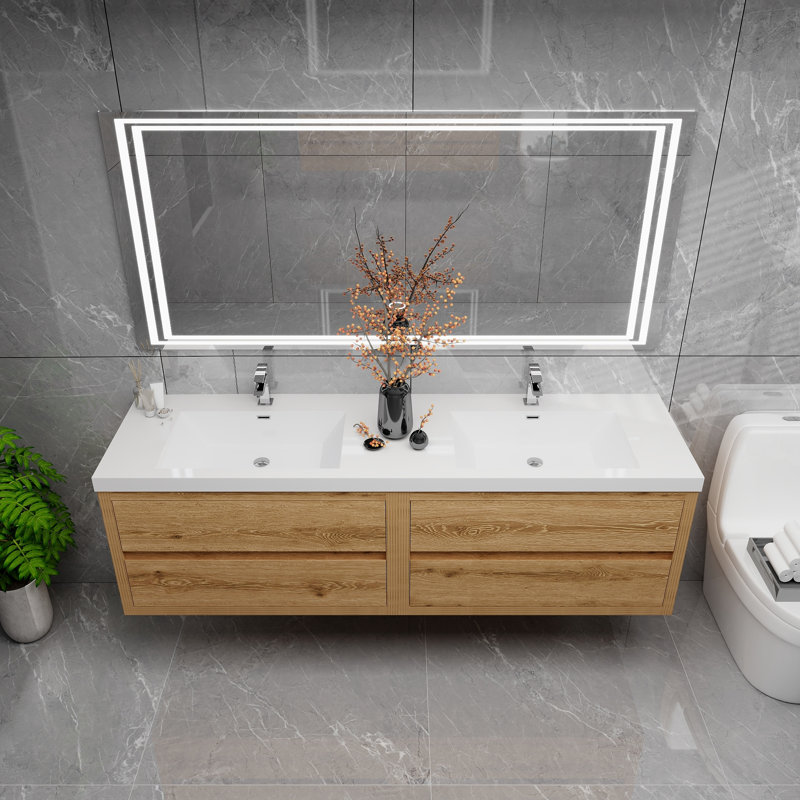 Castanea 70.9 " W Wall Mounted Wall Mounted 2 Double Vanity Bathroom Vanity With Acrylic Top, Yellow Wood