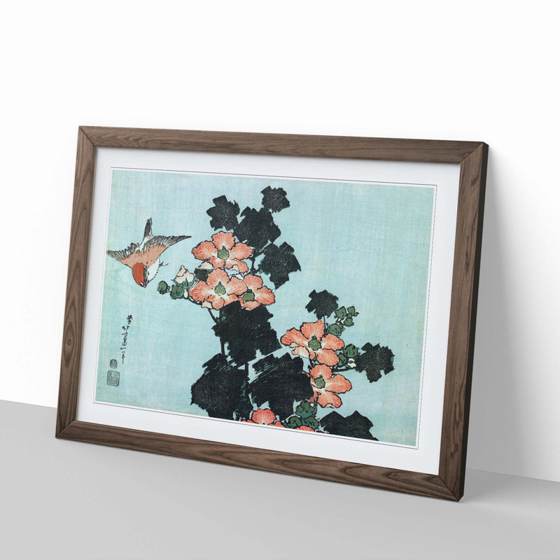Hibiscus and Sparrow by Katsushika Hokusai - Picture Frame Painting Print, 27cm H x 36cm W x 2cm D, Walnut Framed