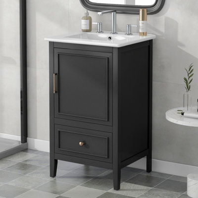 Meuble-lavabo de 20 po avec lavabo, armoire de salle de bain avec porte, tablette de porte et patins réglables, tiroir, noir