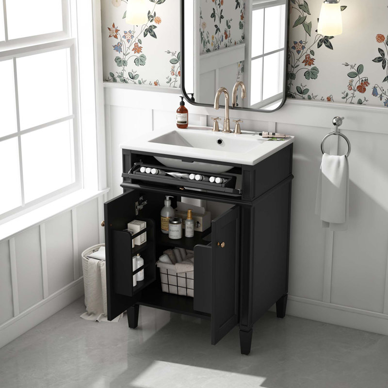 Meuble-lavabo 24 po avec 2 portes et tiroir escamotable, armoire de rangement de salle de bain avec lavabo, portes à fermeture en douceur avec organisateurs