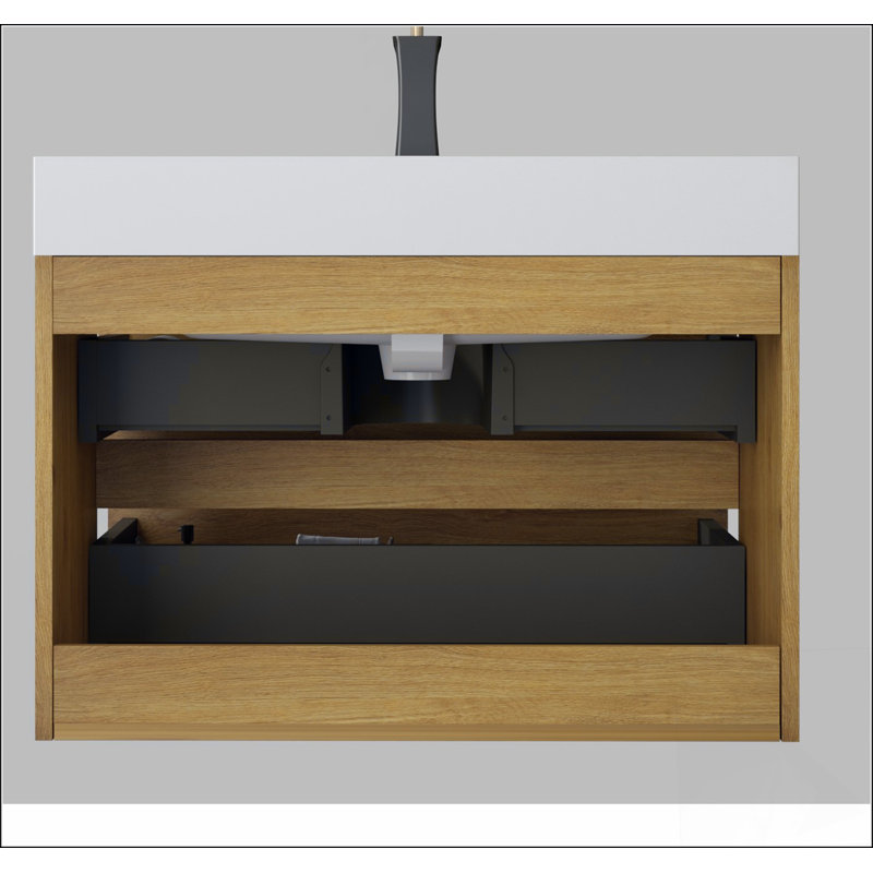 Meuble-lavabo mural en chêne naturel de 30 po avec lavabo, grand meuble-lavabo flottant mural pour salle de bain moderne, lavabo une pièce blanc brillant sans bonde ni robinet