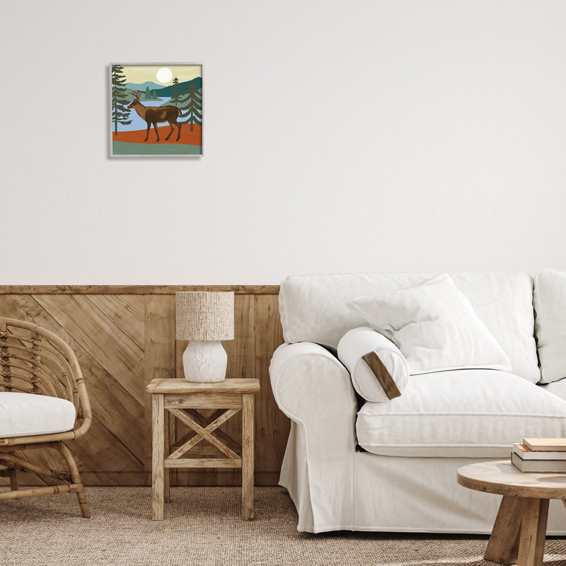 «Lakeside Mountain Peaks Forest Deer Walking» par Victoria Barnes - Peinture, H 12 po x l 12 po x P 1,5 po