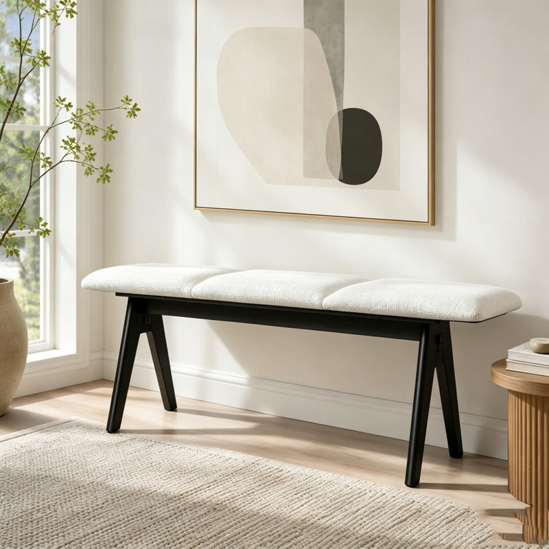 Banc rembourré avec pieds en bois noir et assise en tissu, Noir, blanc