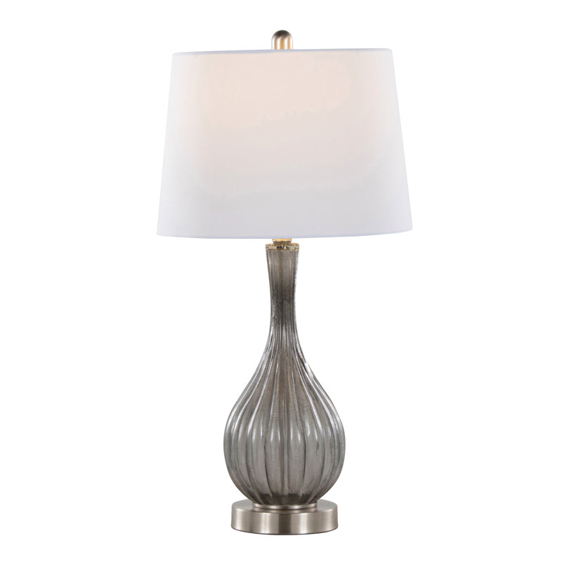 Lampe de table contemporaine en verre 27 "en verre craquelé fumé transparent, nickel brossé et abat-jour en lin blanc - ensemble de 2