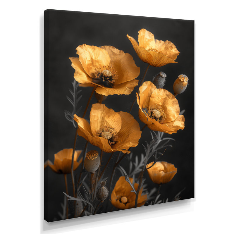 Or noir rétro Glamour Poppies - coquelicots, impression d'art mural, Toile tendue, H 44 po x l 34 po x P 1,5 po