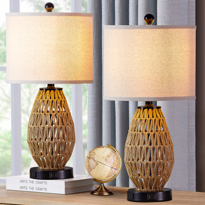 Adone 22.5" Rustic Rattan Table Lamp Set with USB Ports & Touch Control