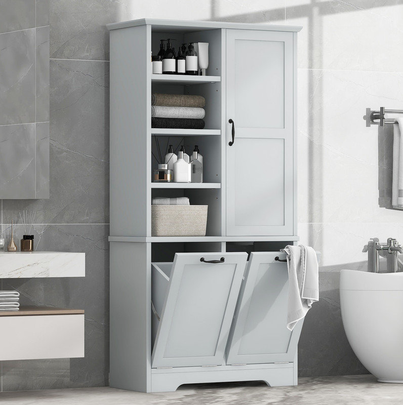 Armoire de rangement pour salle de bain avec portes et tiroirs, panier à linge inclinable, plusieurs espaces de rangement, style autoportant, tablette ouverte, tablette réglable, gris
