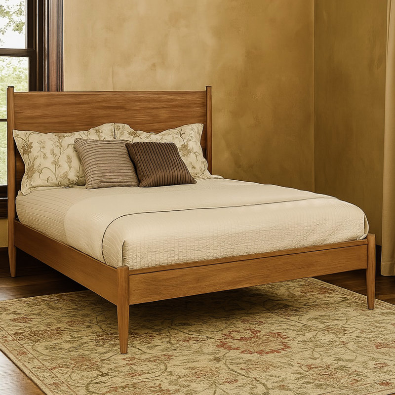 Grand lit plateforme de style Mid-Century moderne avec finition en chêne, bois massif et bois d'ingénierie, ensemble de lattes pour matelas, ensemble de sommier sans sommier, point focal pour la chambre à coucher