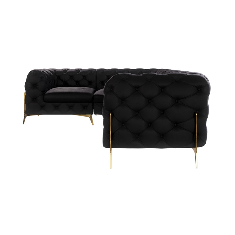 L-shape Corner Chesterfield Sofa  with Gold Metal Legs, Black, Right Hand Facing