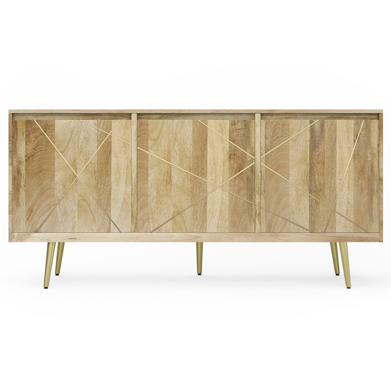 Jager 60"W Solid Mango Wood Mid-Century Contemporary 3-Door Sideboard Buffet with Geometric Brass Inlay