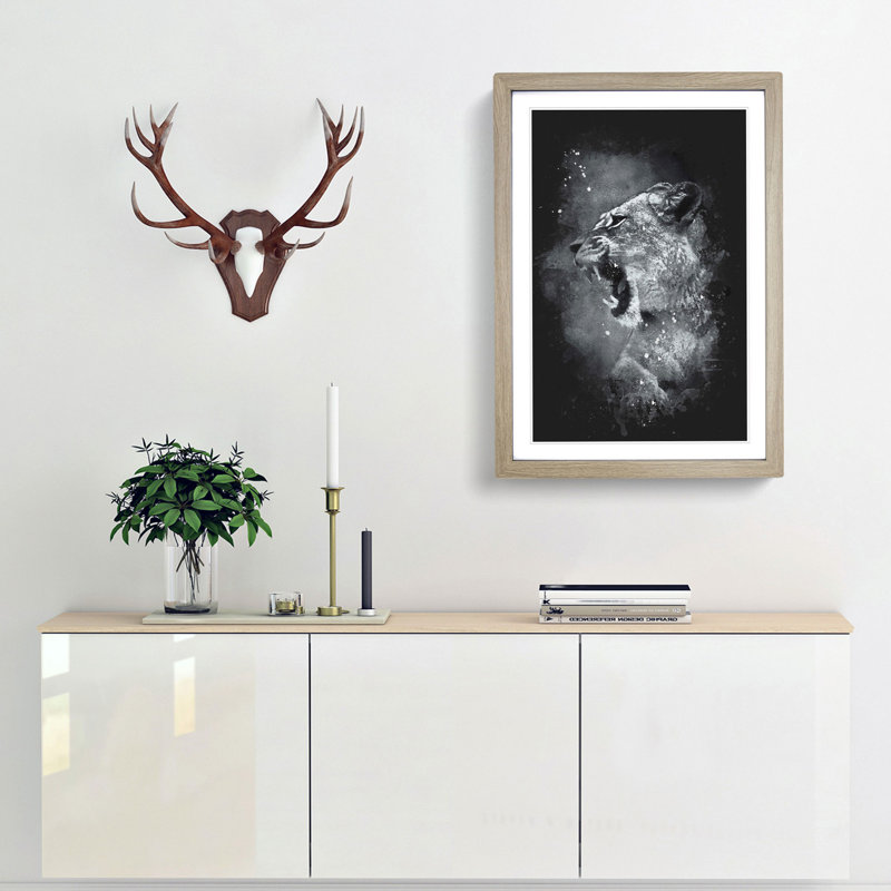 Fierce Lioness - Picture Frame Painting Print, Oak Framed, 63cm H x 45cm W x 2cm D