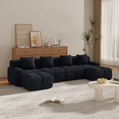 135.4" 6-Piece U-Shaped Sleeper Modular Sectional Sofa Bed Chaise Oversized 4-Seater Boneless Convertible Block Cloud Tufted Floor Corner Couch Set With 2 Ottomans & 4 Pillows For Living Room