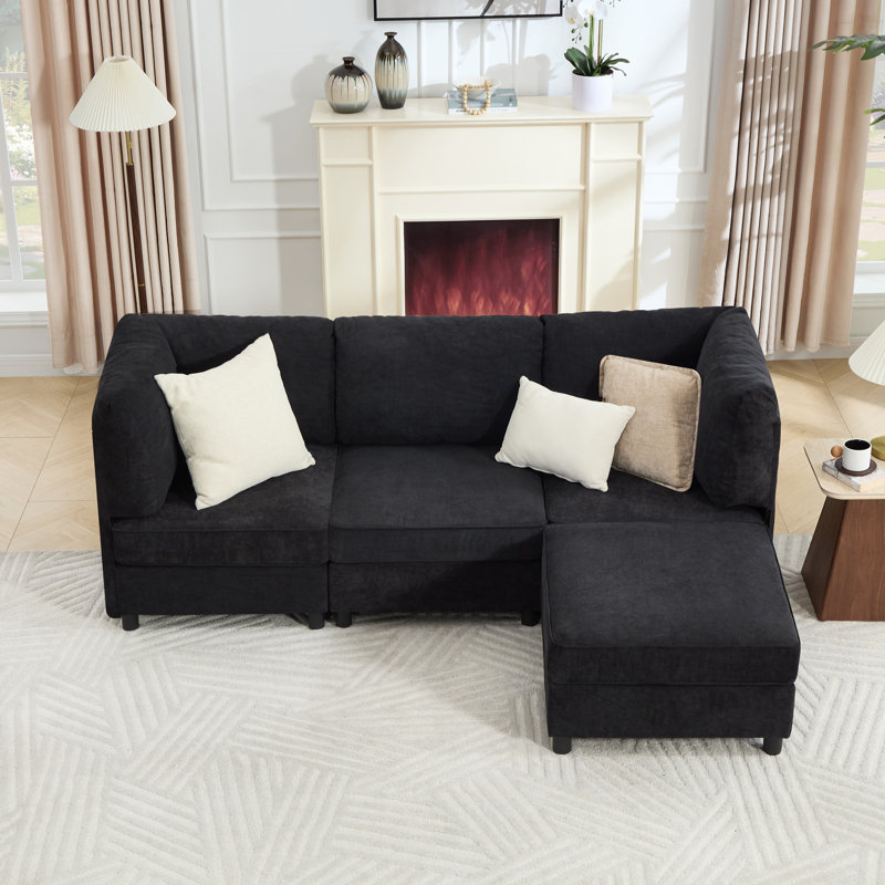 L-Shaped 4 Seat Modular Sectional Chenille Sofa With Ottoman, Black