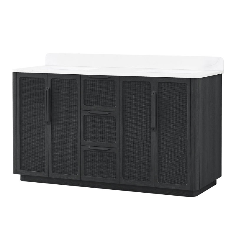 Busan 60" Double Bath Vanity with White Quartz Stone Top, Oak Classic Black