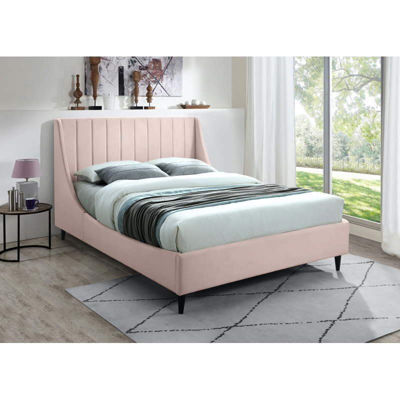 Eva Upholstered Low Profile Platform Bed, Queen, Pink Velvet