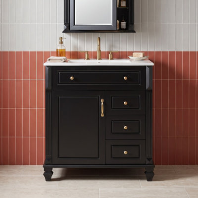 Freestanding Bathroom Vanity with Ceramic Sink Top, Flip-Out Storage Drawer, Adjustable Shelf and Door Rack