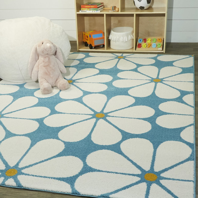 Tapis bleu / blanc Cheylyn, Rectangle 5 pi 3 po x 7 pi, Bleu