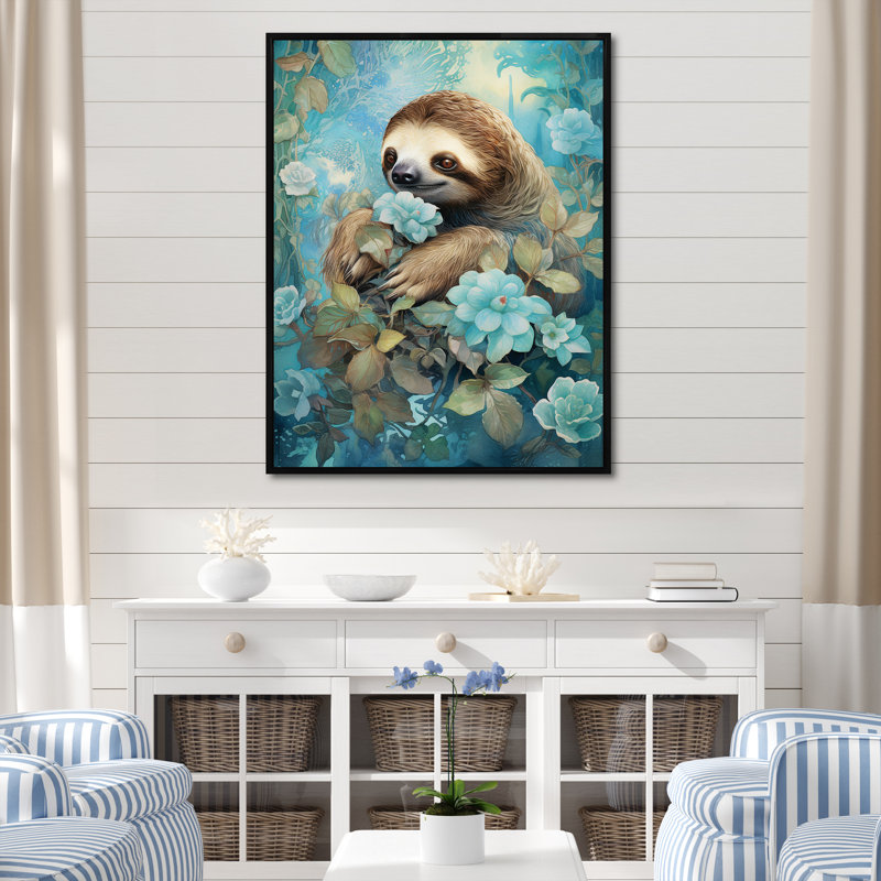 «Turquoise Tranquility Flower Sloth», reproduction sur toile, Cadre flottant noir, H 20 po x l 12 po