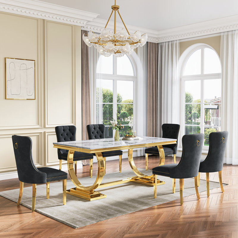 Rectangular 70.1"L X 35"W Dining Set, Noir et or, Blanc / Doré, 7 pièces : table, 6 chaises
