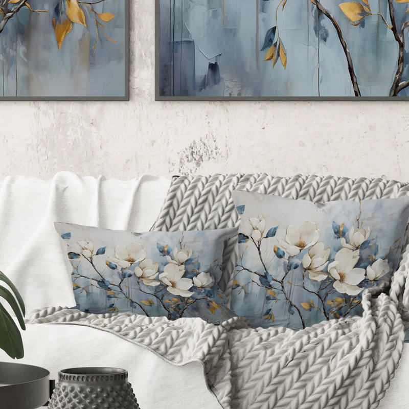 Élégant coussin décoratif blanc et bleu Magnolias Tranquility - Magnolias