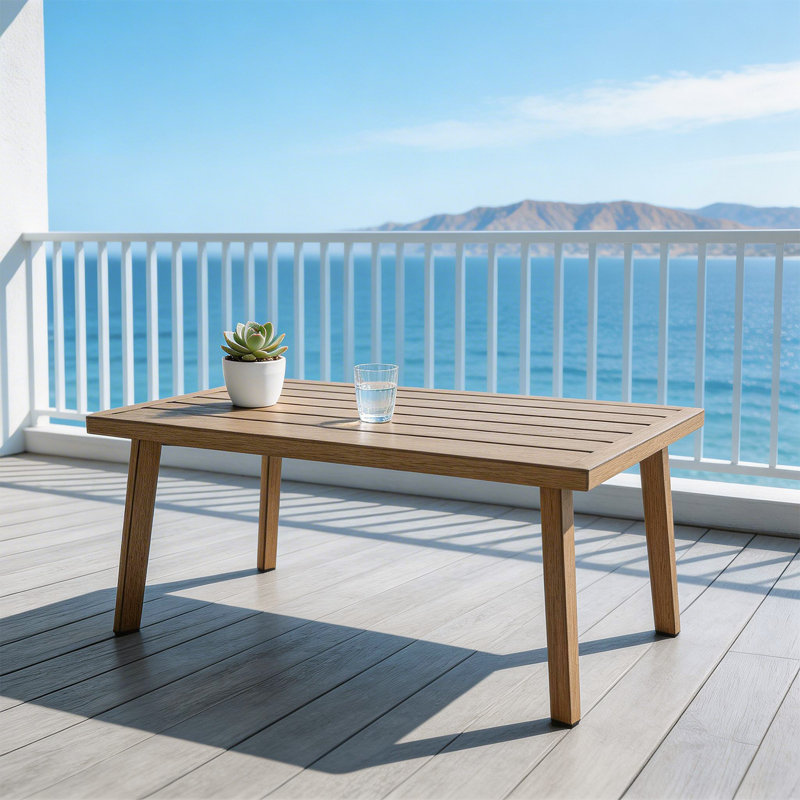 Table basse d'extérieur en teck et grain de bois en aluminium, Teak Wood-Grain
